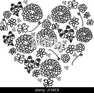 monochrome silhouette vintage heart with pattern of flower and butterflies Stock Vector
