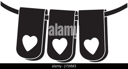 black silhouette set flag in a rope for decoration with heart shape inside Stock Vector