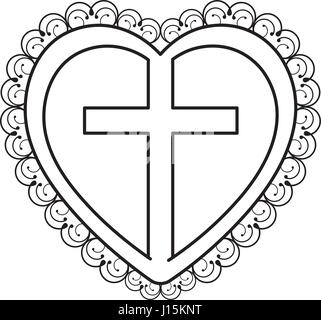 silhouette heart decorative frame with wooden cross inside Stock Vector