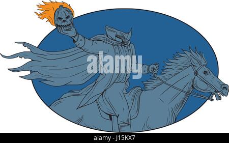 Drawing sketch style illustration of a headless horseman riding horse holding pumpkin head Jack-o-Lantern viewed from the side set inside oval shape o Stock Vector