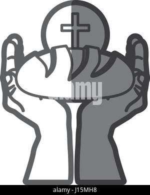 grayscale silhouette of hands holding bread and sphere with cross symbol in background Stock Vector