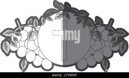 grayscale silhouette of communion religious icons of grapes and christian cross Stock Vector