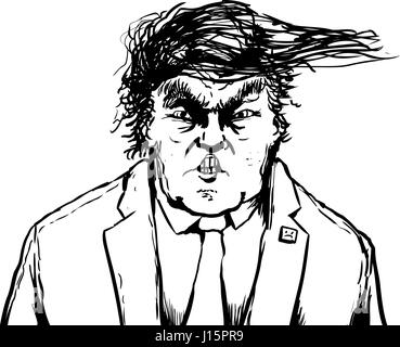 April 18, 2017. Outlined caricature of Donald Trump with clenched teeth and hairdo blowing sideways Stock Photo