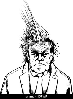April 18, 2017. Outlined caricature of grumpy Donald Trump with spiked hair Stock Photo