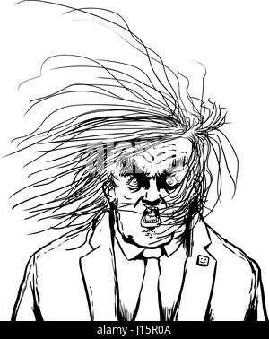 April 18, 2017. Outlined cartoon of a furious Donald Trump with hair blowing in his face Stock Photo