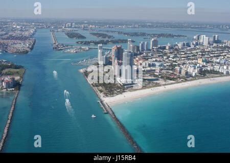 Aerial view of Government Cut, the main shipping inlet into the Port of Miami, passing Miami Beach. Stock Photo