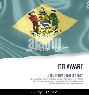 Flag of U.S. state Delaware waving on an isolated white background. State name and the text area for your message. Stock Photo