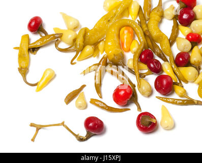 Mix of hot pickled peppers isolated on white background. Food background. Stock Photo