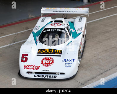 A  Spice-Chevrolet SE90P Group C Racing Car, exiting the International Pits, during the Silverstone Classic Media Day, 2017 Stock Photo