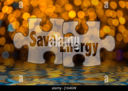 Jigsaw shape and conceptual text with bokeh blur background. Stock Photo