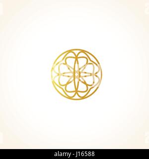 Isolated abstract round shape golden color logo, decorative luxurious gold logotype, floral pattern vector illustration on black background Stock Vector