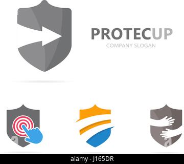 Vector of shield and arrow up logo combination. Security and growth symbol or icon. Unique protect and lawyer logotype design template. Stock Vector