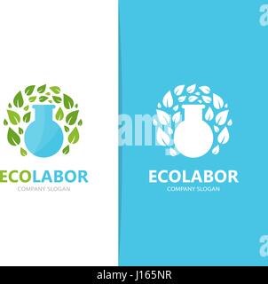 Vector of flask and leaf logo combination. Laboratory and eco symbol or icon. Unique organic and bottle logotype design template. Stock Vector