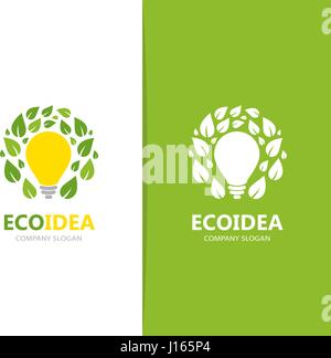 Vector of lamp and leaf logo combination. Idea and eco symbol or icon. Unique organic and light bulb logotype design template. Stock Vector