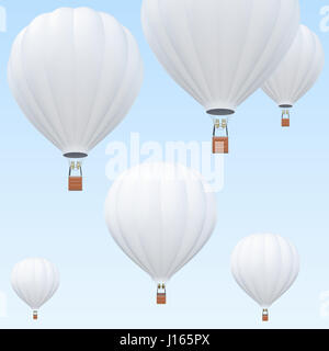 Hot Air balloons, white hot air balloons with basket on sky background. 3d rendering Stock Photo
