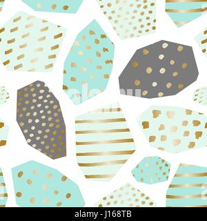 Seamless repeat pattern with textured geometric shapes in mint green, gray, gold and turquoise on white background. Abstract style textile, wrapping p Stock Vector