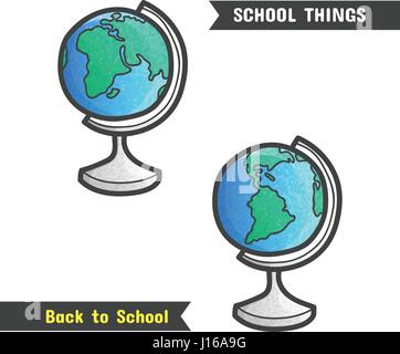 Back to School Supplies, vector hand drawn icon, isolated on white, cartoon style. Geography symbol, a globe with western and eastern hemispheres Stock Vector