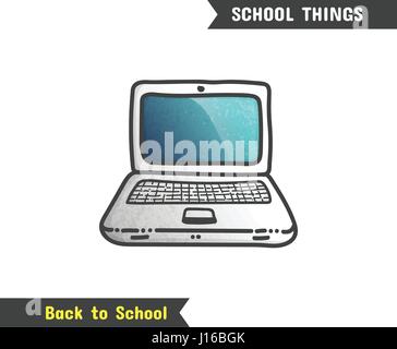 Back to School Supplies, vector hand drawn icon, isolated on white, cartoon style. Laptop computer for college Stock Vector