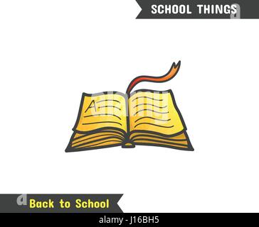 Back to School Supplies, vector hand drawn icon, isolated on white, cartoon style. Open book with golden pages and red ribbon bookmark, symbolizing th Stock Vector