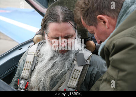 MOSCOW, RUSSIA: COULD THIS be the world’s most religious wannabe cosmonaut? Pictures show how the bearded Russian Orthodox priest practices his zero-G skills, travelled in a MiG fighter on a journey to the edge of space and most importantly takes the last confession of Russian cosmonauts before they leave the surface of our planet. Father Hegumen Iov is responsible for the souls of nearly all Russia’s cosmonauts, but the rector of Transfiguration Church in Russia’s Star City took his life in his hands by travelling in a MiG-29UB at 1,100 miles-per hour at over 11-miles above the surface of Ear Stock Photo