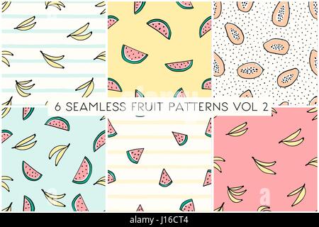 A set of six seamless repeat patterns with hand drawn fruits and geometric shapes on light cream, yellow or blue background. Modern textile, greeting  Stock Vector