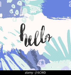 Hand drawn brush strokes and floral elements in purple, mint green, lavender and cream. Hand lettered message Hello in gray. Modern abstract greeting  Stock Vector