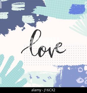 Hand drawn brush strokes and floral elements in purple, mint green, lavender and cream. Hand lettered message Love in gray. Modern abstract greeting c Stock Vector
