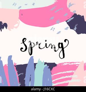 Hand drawn brush strokes and floral elements in pink, mint green, lavender and violet. Hand lettered message Spring in gray. Modern abstract greeting  Stock Vector