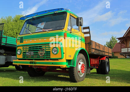 ALAHARMA, FINLAND - AUGUST 8, 2015: Nostalgic Volvo FB86 tipping truck year 1972 on display in Power Truck Show 2015. Stock Photo