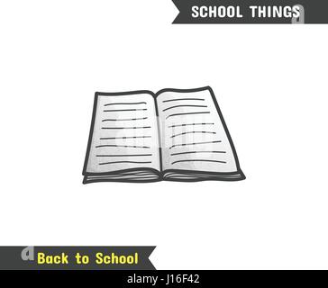 Back to School Supplies, vector hand drawn icon, isolated on white, cartoon style. Open ruled notebook Stock Vector