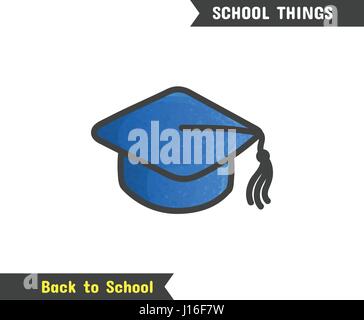 Back to School Supplies, vector hand drawn icon, isolated on white, cartoon style. Dark blue square academic cap with tassel, detail of uniform of a u Stock Vector