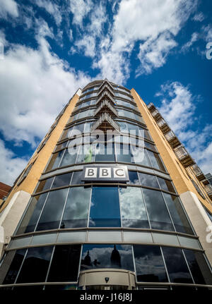 BBC sign on front of Queen's Court building, Hull, UK. Stock Photo