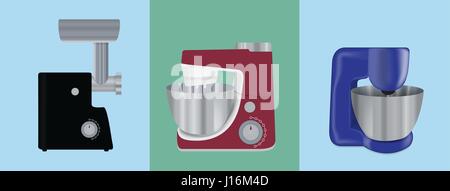 Set of Kitchen appliances. Electric mixer, meat mincer, food pro Stock Vector