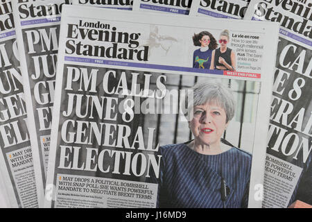 The London Evening Standard announces the sudden General Election call by Prime Minister Theresa May in its 18th April 2017 edition. Stock Photo