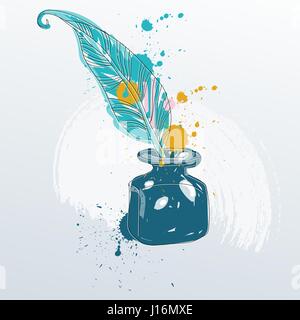 Vector illustration of feather quill pen standing in the bottle of ink. Stock Vector