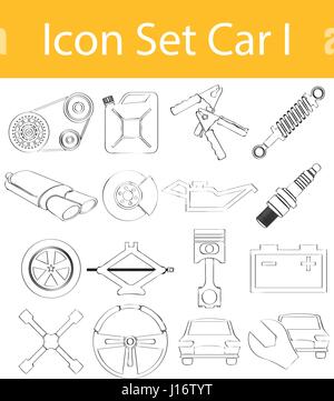 Drawn Doodle Lined Icon Set Car I with 16 icons for the creative use in graphic design Stock Vector