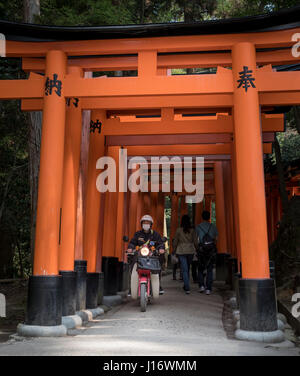 Japanese postal worker on scooter making deliveries at Fushimi Inari Shrine, Kyoto, Japan. Stock Photo