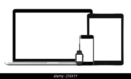 Responsive mockup consisting of laptop with black tablet pc, mobile smartphone and smart watch. Isolated on white background. Technology set of device Stock Photo