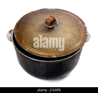 Old dirty big pot isolated on white background Stock Photo