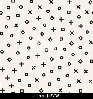 Retro geometric line shapes seamless patterns. Hipster fashion 80-90s design. Abstract jumble textures. Black and white scattered shapes Stock Vector