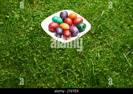 Natural Easter Eggs dyed in various colours on white plate in green grass - Eastern European Traditional style Stock Photo