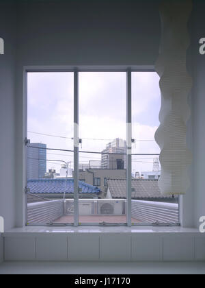 Window view towards city from upper floor. Townhouse in Tokyo, Tokyo, Japan. Architect: Claus en Kaan, 2008. Stock Photo