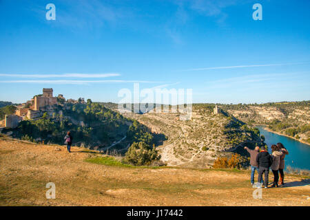 Group of people at Hoz del Jucar. Alarcon, Cuenca province, Castilla La Mancha, Spain. Stock Photo