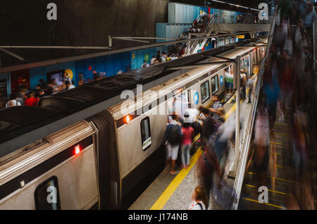 People entering the Metro arriving in station General Osorio, Ipanema, Rio de Janeiro, Brazil Stock Photo