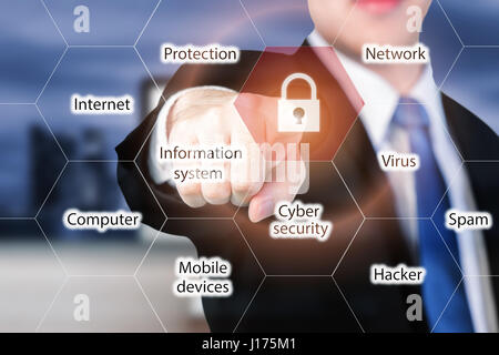 businessman pressing security button on virtual screens for internet and network security. Business, technology, internet and networking concept. Stock Photo