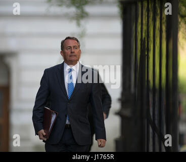 Downing Street, London, UK. 18th Apr, 2017. Cabinet Ministers arrive for the first Tuesday morning cabinet meeting after Easter break before PM Theresa May announces a snap election for 8th June 2017. Photo: International Trade Secretary Liam Fox MP arrives. Credit: Malcolm Park/Alamy Live News. Stock Photo