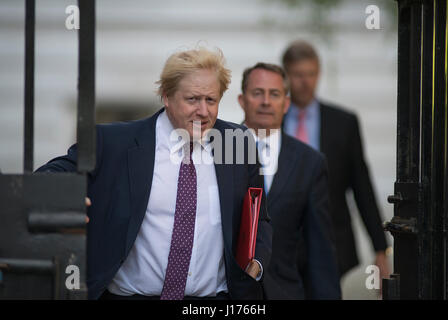 Downing Street, London, UK. 18th Apr, 2017. Cabinet Ministers arrive for the first Tuesday morning cabinet meeting after Easter break before PM Theresa May announces a snap election for 8th June 2017. Photo: Foreign Secretary Boris Johnson MP arrives with International Trade Secretary Liam Fox MP. Credit: Malcolm Park/Alamy Live News. Stock Photo