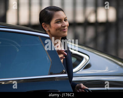 Downing Street, London UK. 18th April, 2017. Cabinet Ministers arrive for the first Tuesday morning cabinet meeting after Easter break before PM Theresa May announces a snap election for 8th June 2017. Photo: International Development Secretary Priti Patel MP arrives. In November 2017 she resigned as Secretary of State for International Development following newspaper disclosures. Credit: Malcolm Park/Alamy Live News. Stock Photo