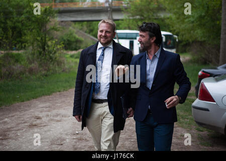 April 15, 2017 - President Vit Jedlicka (left) is having a talk with Vladan Jovanovic. Building a new country called Liberland. 2nd anniversary of the country (14-16th April, 2017, Liberland, Hungary, Serbia).It has about 500 000 members and supporters. The trip to Liberland itself was followed by croatian police all the time as .they don't respect Liberland and feels like it's a part of their country even it is politically not.Photo series contains the whole process including the official conferenses, citizenship recieving, personal moments with .president's family and trip to Liberland. (C Stock Photo