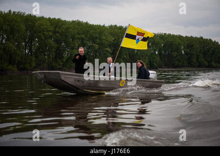 April 15, 2017 - President Vit Jedlicka (middle) with Liberlanders on the way to Liberland. Building a new country called Liberland. 2nd anniversary of the country (14-16th April, 2017, Liberland, Hungary, Serbia).It has about 500 000 members and supporters. The trip to Liberland itself was followed by croatian police all the time as .they don't respect Liberland and feels like it's a part of their country even it is politically not.Photo series contains the whole process including the official conferenses, citizenship recieving, personal moments with .president's family and trip to Liberlan Stock Photo